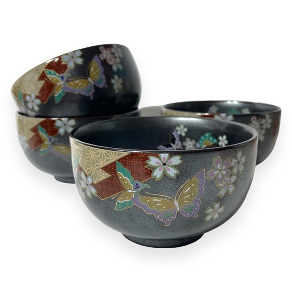 Japanese Pottery Bowl‎ 4pc Floral Butterfly Classic Metallic Color 5” Dinnerware - Picture 1 of 11